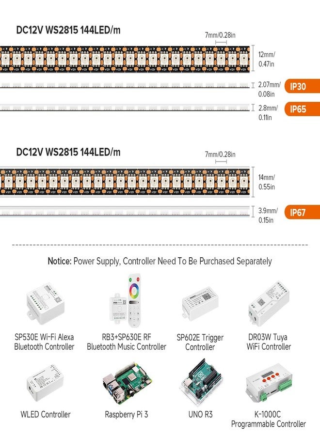 BTF-LIGHTING شريط إضاءة BTF-LIGHTING WS2815 (نسخة مطورة من WS2812B) بطول 3.2 قدم، يحتوي على 144 بكسل (2 × 72 بكسل)، ألوان RGB قابلة للتحكم بشكل فردي، بتقنية 5050 SMD، إشارة مزدوجة، مقاوم للماء بمعيار IP67، يعمل بجهد 12 فولت تيار مستمر، لوحة دوائر مطبوعة سوداء. - Image 2